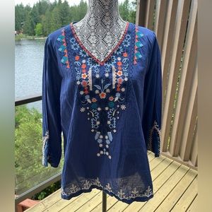 Embroidered peasant top - V Neck with detail on front and sleeves - size M